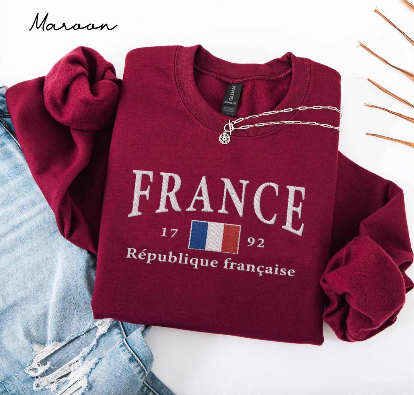 France Flag embroidered sweatshirt crewneck